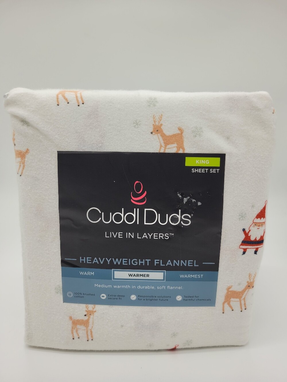 Cuddl Duds Heavyweight Flannel Sheet Set Reindeer Santa Print KING Size NEW